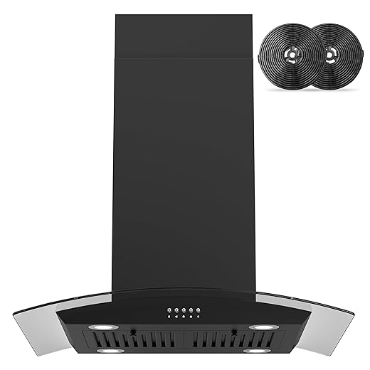 FIREGAS Black Island Mount Range Hood 30 inch with 700 CFM, Ceiling Mount Kitchen Vent Hood Ducted/Ductless Convertible, 4 LED Lights, 3 Speed Exhaust Fan, 2 charcoal fiters, Black