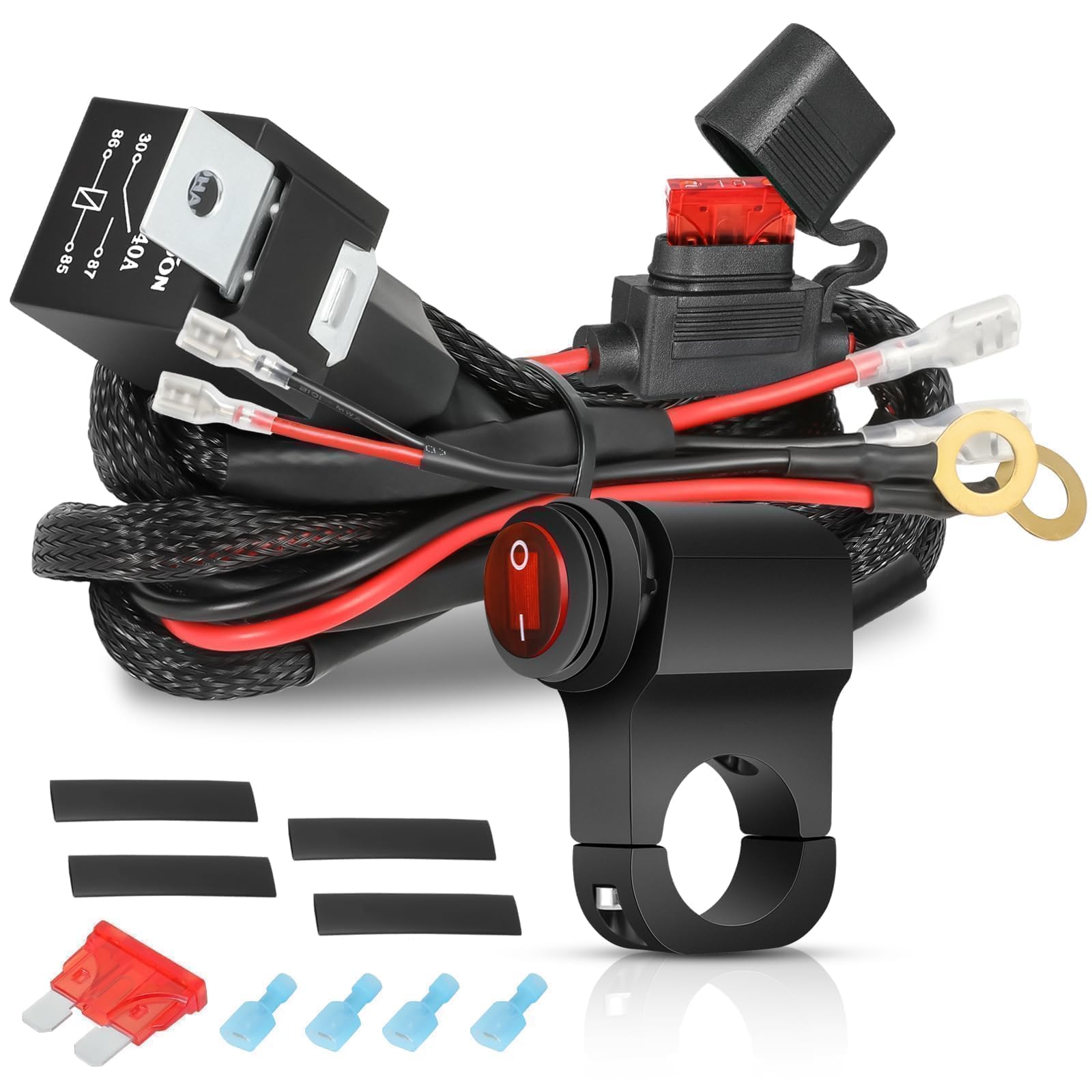 OFFROADTOWN 2 Leads LED Light Bars Wiring Harness Kit w/Motorcycle Handlebar Switch 7/8" 12V 40A Relay Fuse Nylon Wire Harness for ATV Dirt Bike Scooters Motorcycle Lights