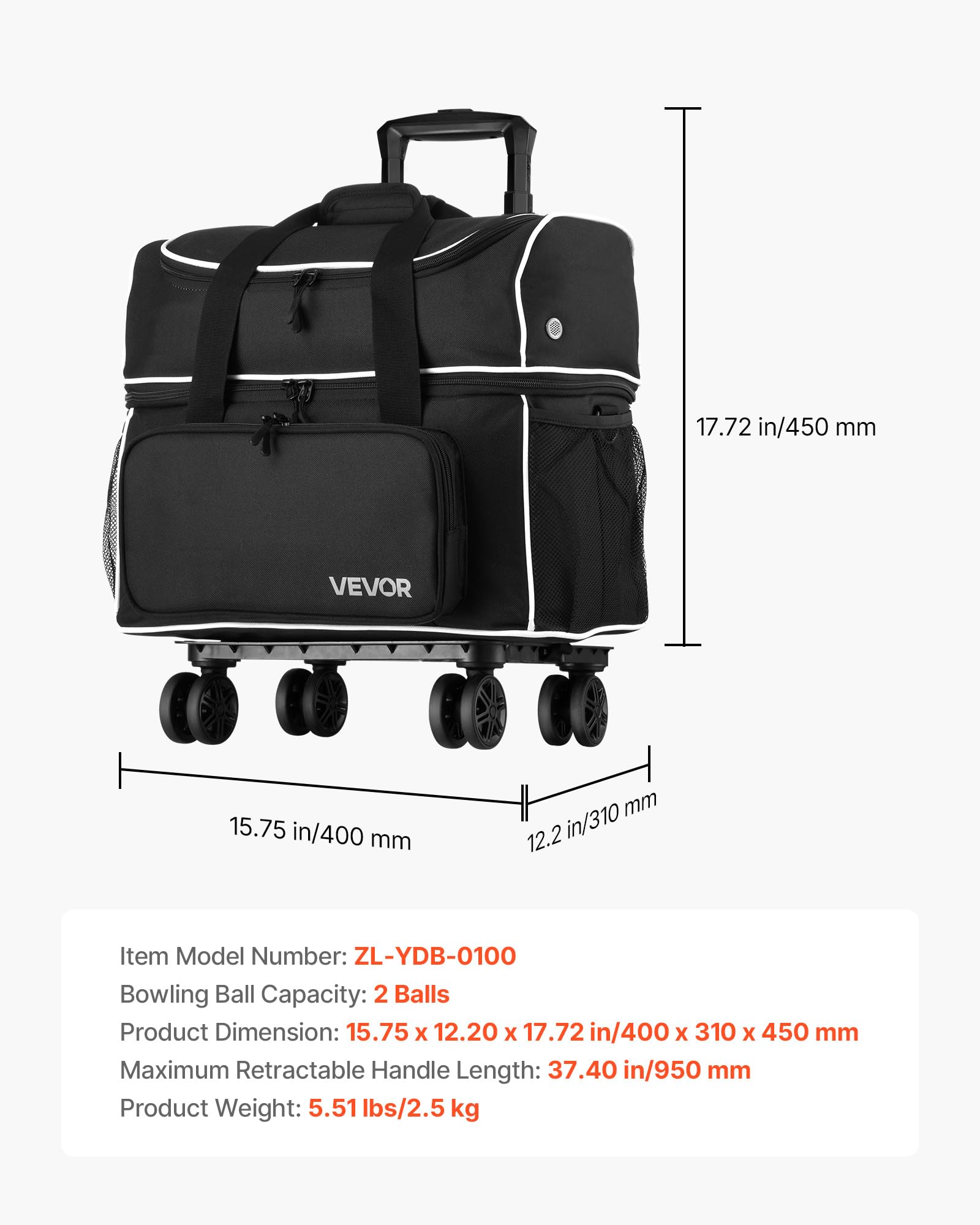 VEVOR Borsa da Bowling con 2 Ruote, 2 Palle e Quattro Rulli, Dotata di Uno Scomparto Separato per le Scarpe e una Tasca per Accessori Grandi, Maniglia Retrattile Estensibile Fino a 950 mm