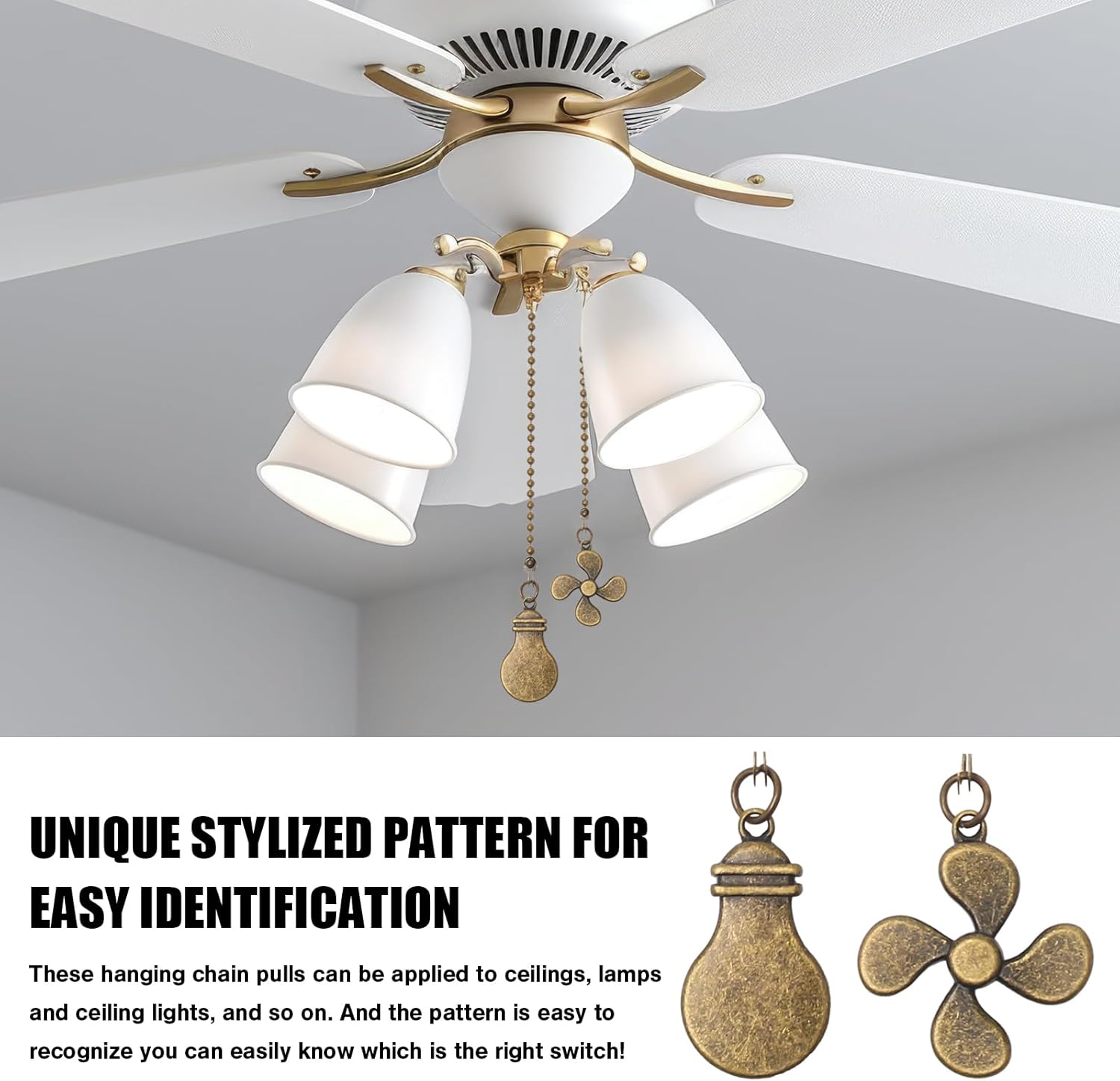 2 Pack Ceiling Fan Pull Chain Extender, 12 Inch Ceiling Fan Chain Pulls, Fan Pull Chain Extension with Fan and Bulb Ornaments, Pull Chains for Ceiling Fans and Lights, Bronze