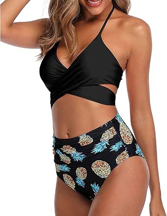AlvaQ Women's High Waisted Two Piece Swimsuit, Cute Tummy Control Navy Blue Bikini Set With