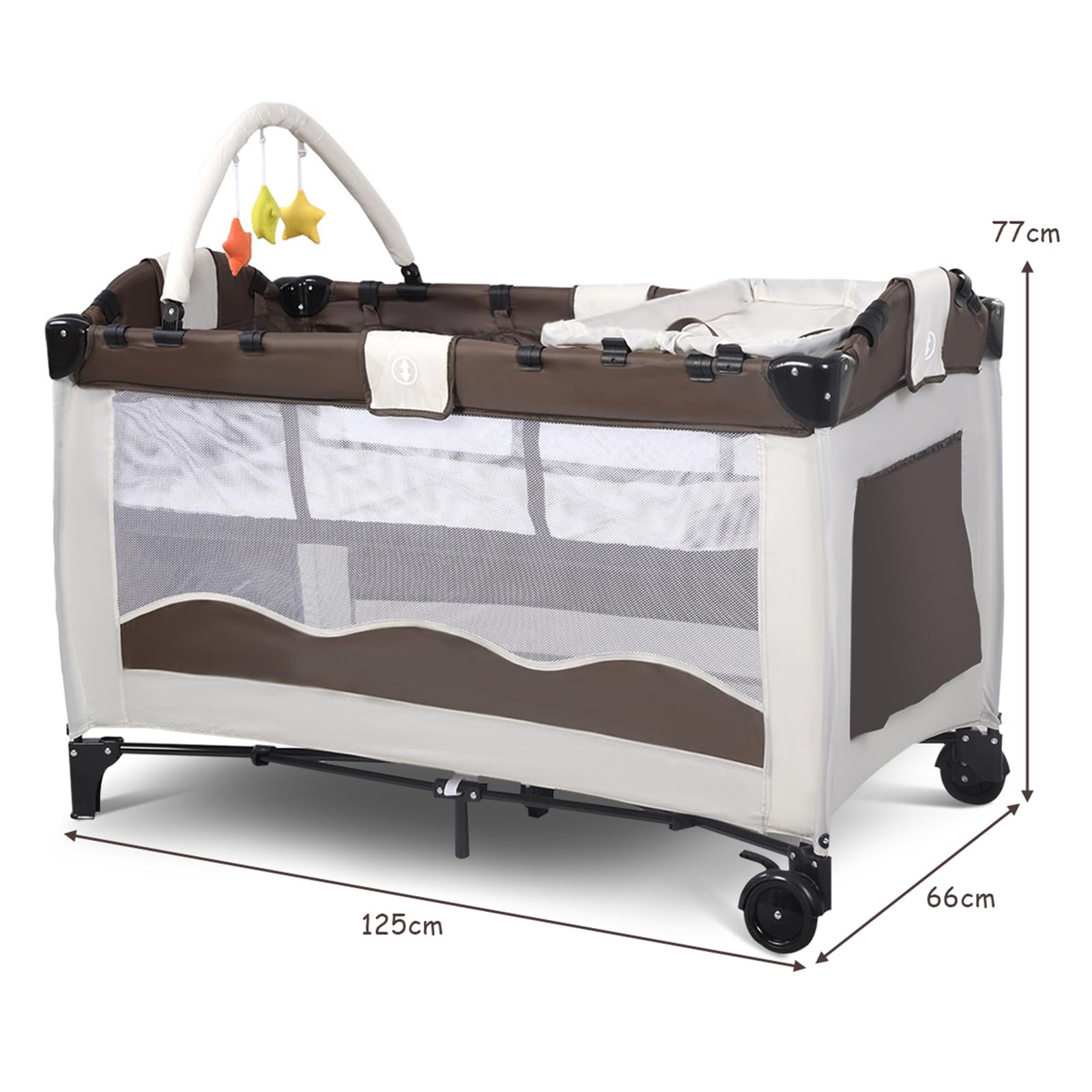 COSTWAY Lettino da Viaggio, Lettino da Campeggio per Bambini Culla Neonato, Incluso Materasso + Accessori, 125 x 66 x 77 cm (Marrone)