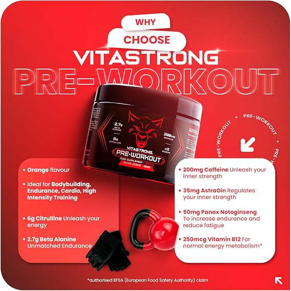 Pre Workout Powder 300g, Complex with Vitamin B12, L Citrulline, Beta Alanine, Caffeine, Taurine, AstraGin, Panax Notoginseng, Alternative to Pre Workout Gummies (24 Servings (Pack of 1), Orange)