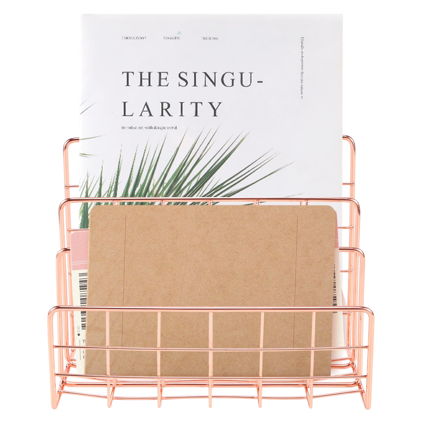 rirue Bookshelf Desktop Rose Gold Metal Book Block Three Layer Desktop Magazine Shelf Book Holder