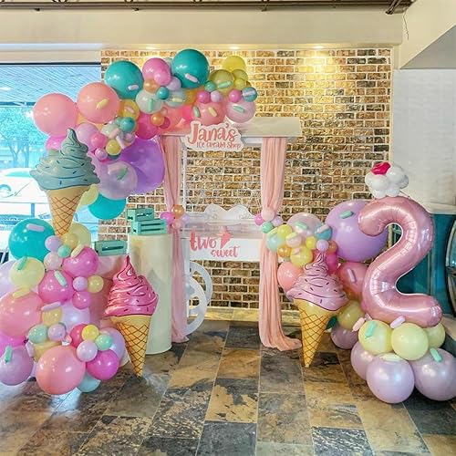 Miniatura 3 de Kit de arco de guirnalda de globos pastel, 145 globos de arcoíris de macarrón con globo largo de helado de aluminio para baby shower, cumpleaños,