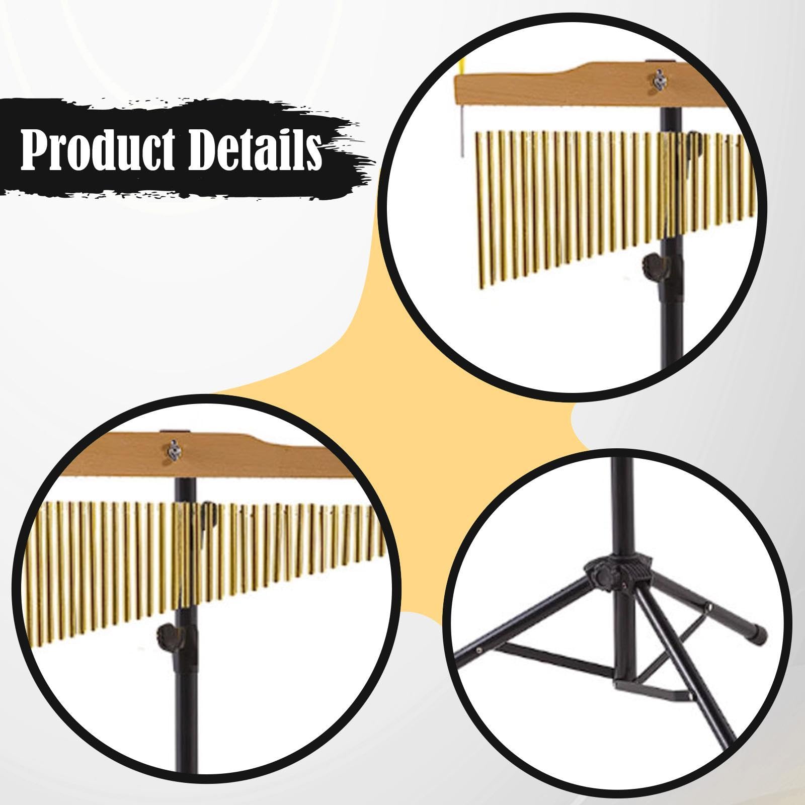 Campana Musical Chimes Percusión Instrumento con Barra Y Soporte Ajustable Material Resistente para Clase Práctica Personal Escenario Especia, Oro, 25 Notas