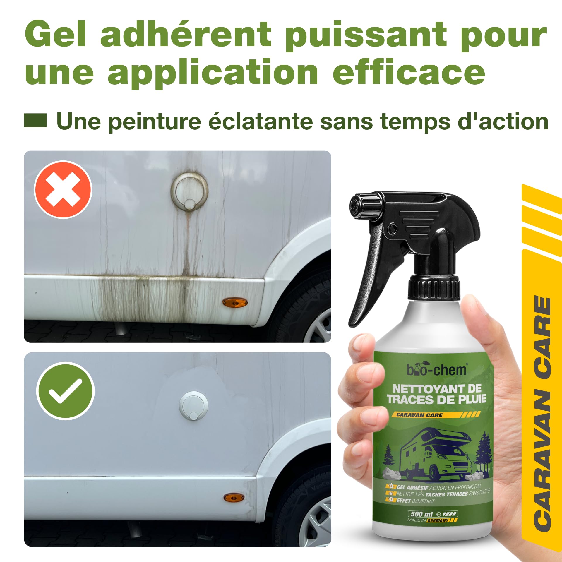 Bio-Chem Nettoyant Anti Traces de Pluie 0,5L + Gant en Microfibres | Pare-Brise et vitres de Camping-Car, caravanes, Voiture - Produit vitre idéal pour Vos séjours en Camping Car