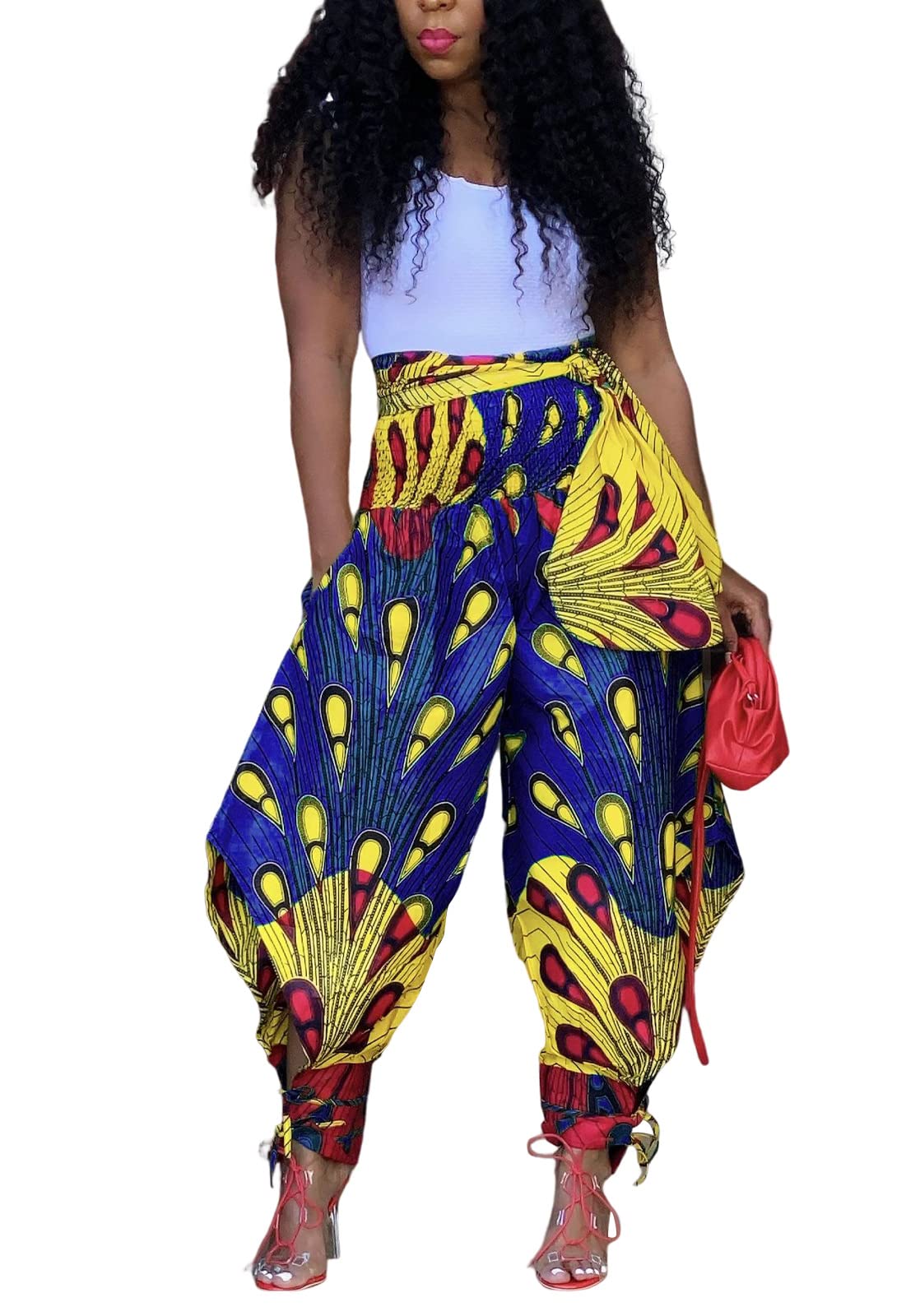 VoghticWomens Casual African Print Harem Pants Hippie Loose Beach Boho Wide  Leg Palazzo Lounge Trousers with Pockets