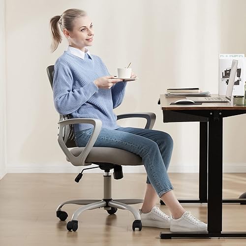Miniatura 11 de Sweetcrispy Silla ergonómica de escritorio de malla con respaldo medio con ruedas, soporte lumbar y cómodos reposabrazos para el hogar, dormitorio