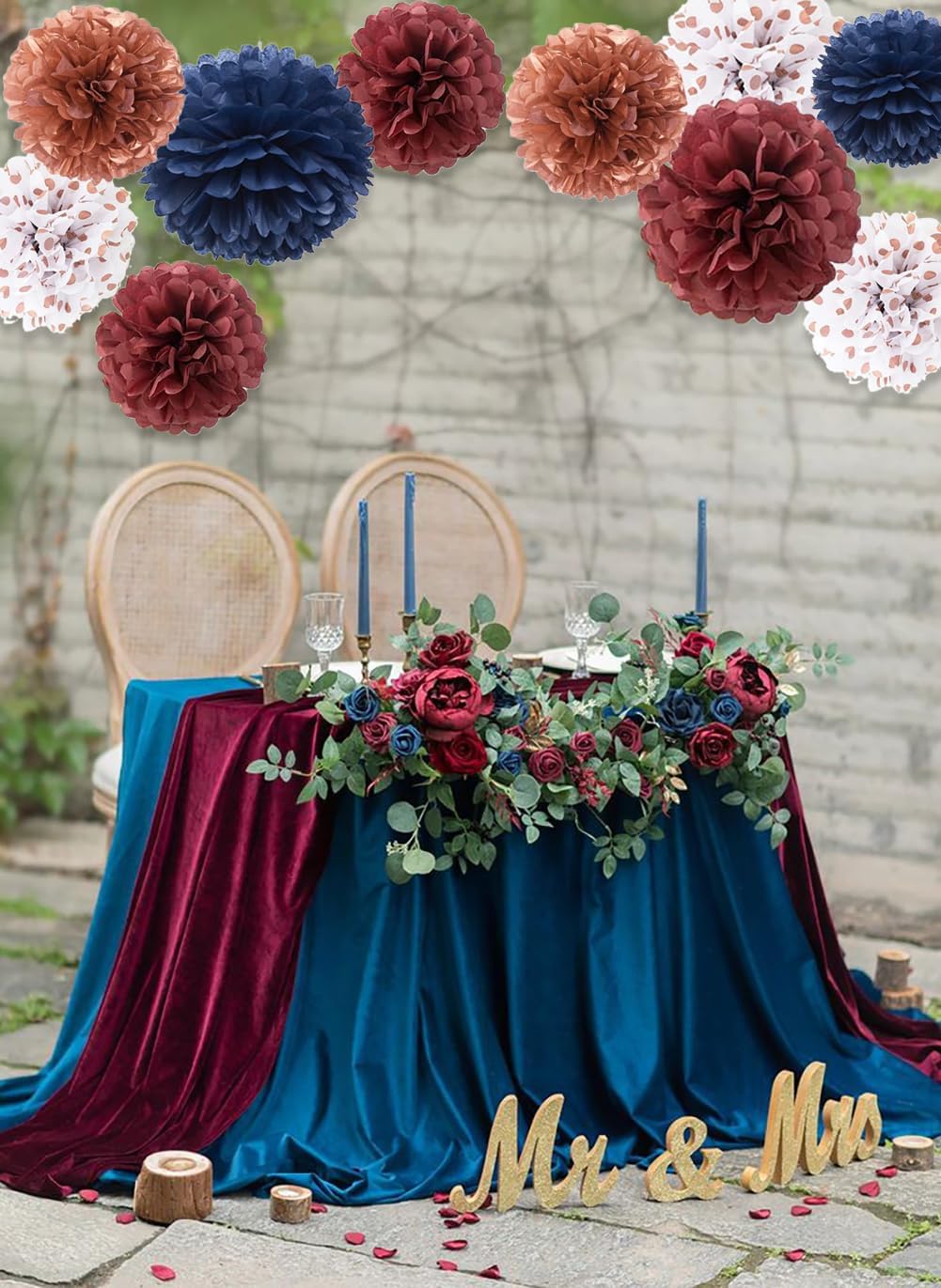 12pcs Navy Blue Burgundy Rose Gold Party Tissue Paper Pom Poms Decorations - Maroon Paper Flowers Hanging Decor for Wedding, Graduation, Fall Birthday, Bridal Shower, Bachelorette, Wall Backdrop