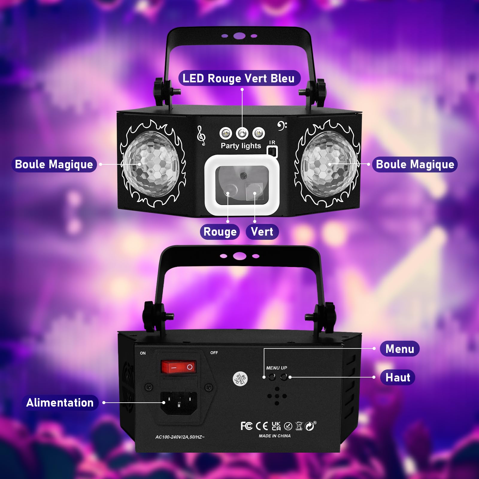 Jeu de Lumière Disco avec 2 Boules Disco Lumière DJ RGB Activée par Musique, Lampe de Scène pour Fête, Soirée DJ, Noël et Halloween