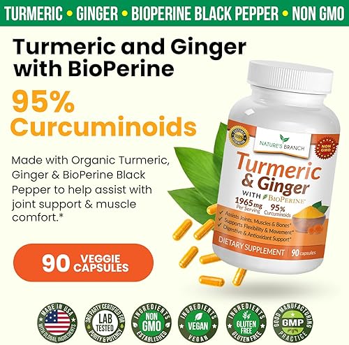 Miniatura 3 de Curcumina de cúrcuma extra fuerte con jengibre y bioperina, suplemento para aliviar el dolor articular de 1950 mg para la inflamación con extracto