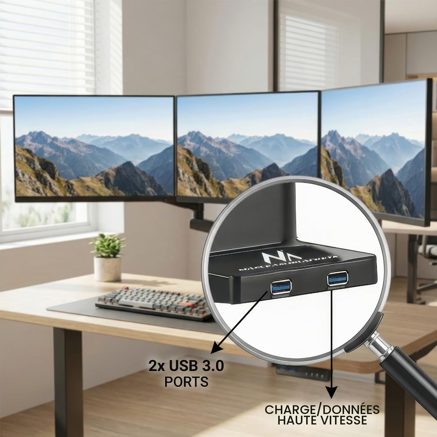 Maclean MC-811support d'écran Triple avec Support à Ressort pour Bureau avec Support à Ressort et Support de Moniteur VESA 75x75 100x100 17-27" pour 3 écrans + 2X USB 3.0 (3moniteurs+2X USB 3.0)