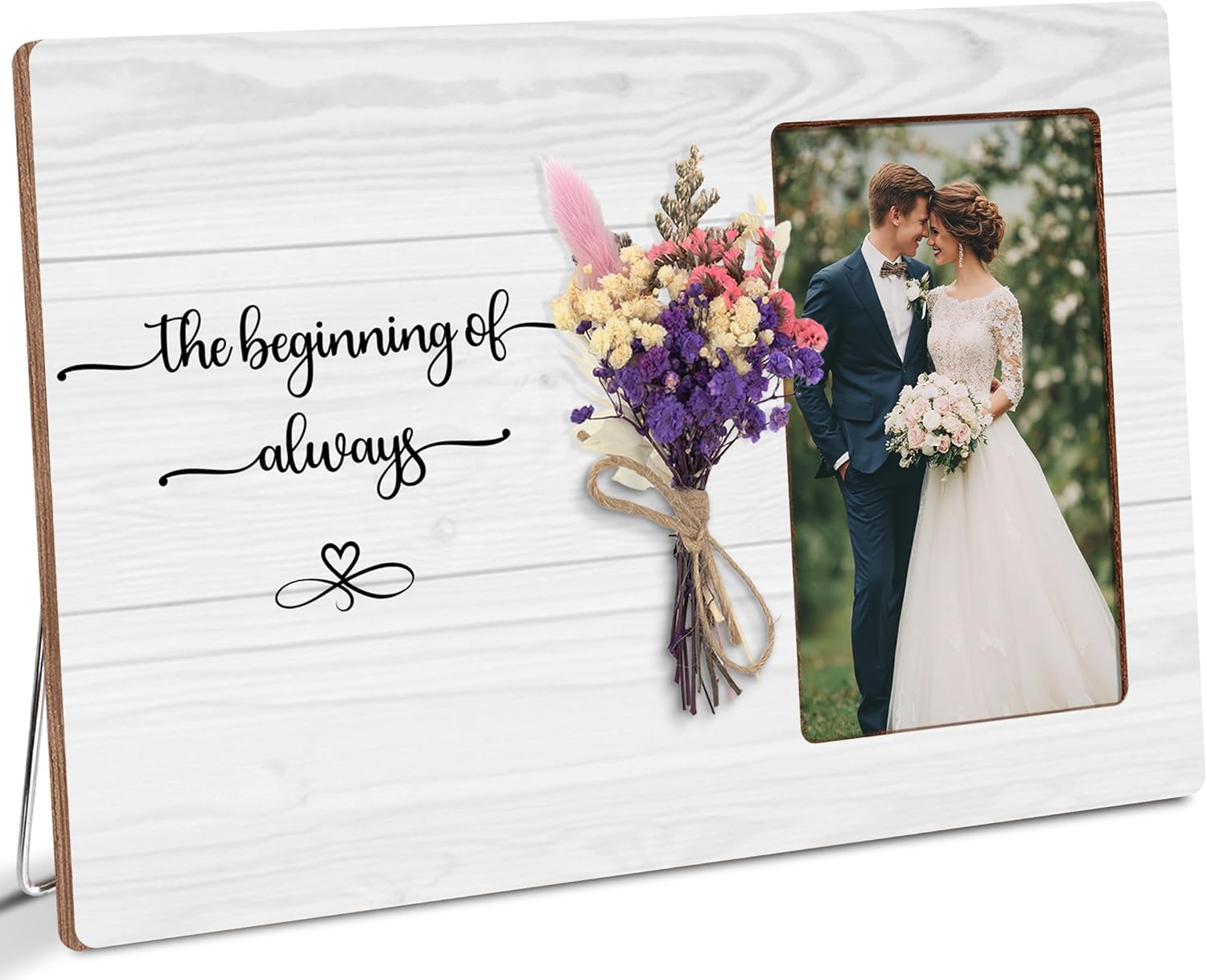 Engagement Gifts for Newly Couple, The Beginning of Always Engaged Wooden Floral Picture Frame Gifts, Wedding Engagement Home Decor, Fits 4x6 Photo Frame