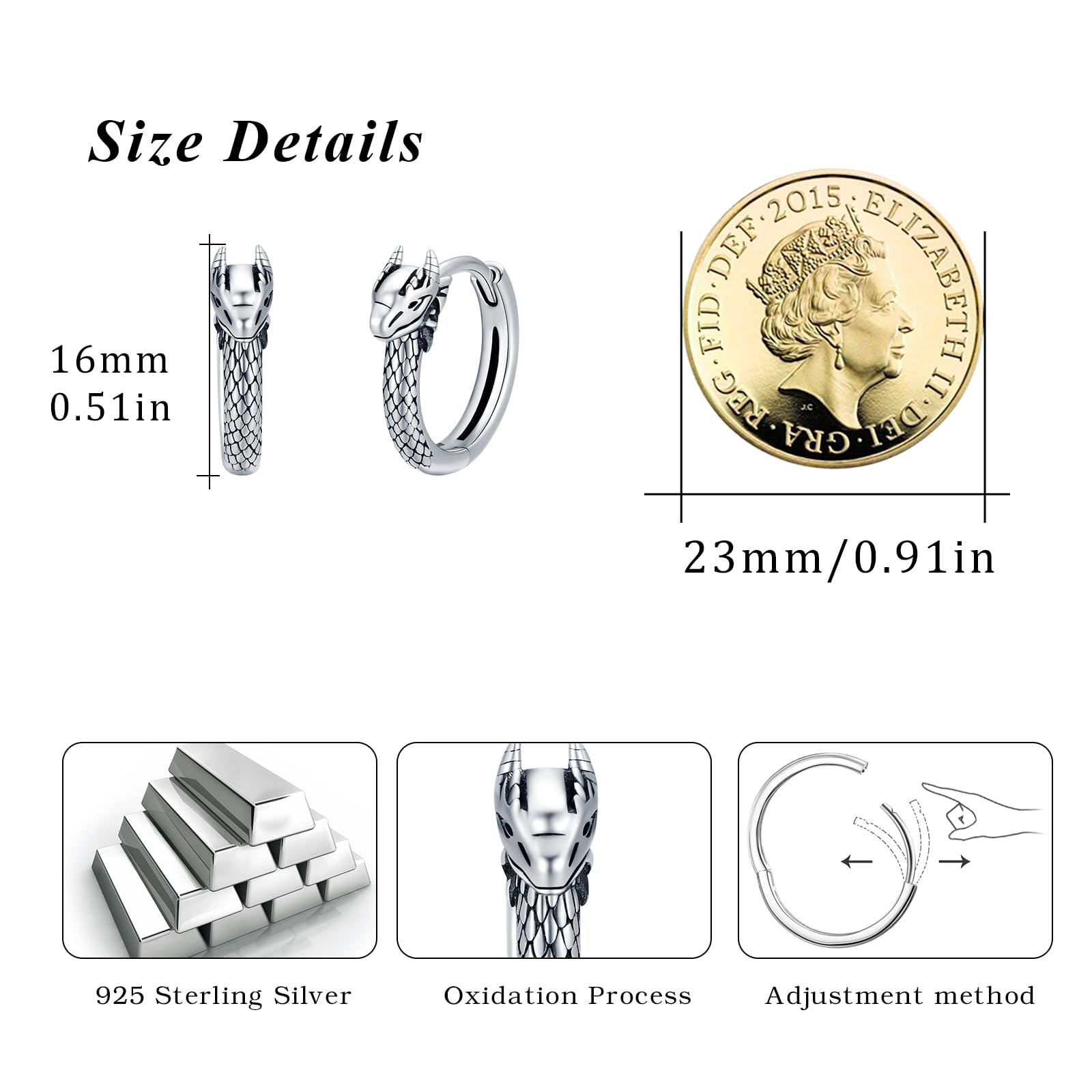 Orecchini a forma di drago in argento Sterling 925, gioielli punk, orecchini di Halloween, animali personalizzati, piccoli orecchini a cerchio per donne e uomini, regalo per fidanzata fidanzato