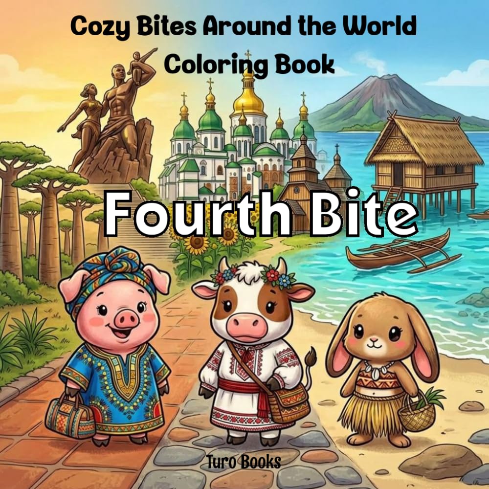 Cozy Bites Around The World Coloring Book: Fourth Bite: Cute Animal Food Adventures with Fun Facts