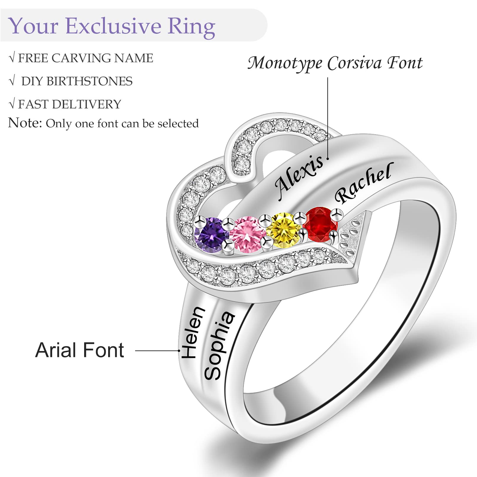 MissNaNa Personalized Mothers Rings with Simulated Birthstones Engraved 1-8 Family Names Mother's Day Rings Custom Love Heart Family Rings for Women