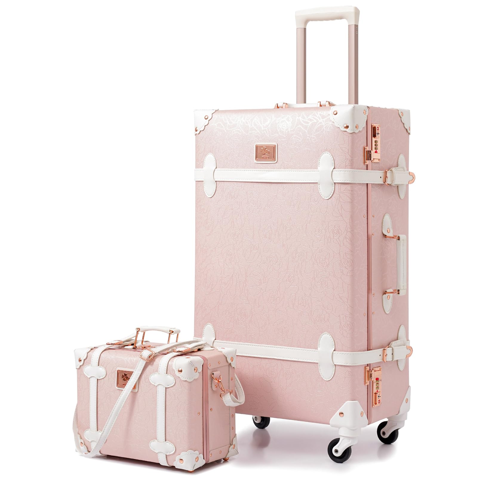 Vintage Luggage Set, 2-Piece Retro Leather Suitcase for Women, Stylish Travel Luggage with Spinner Wheels and Beauty Case, Elegant Designer Trunk Luggage (Soft Pink, 20"+12")
