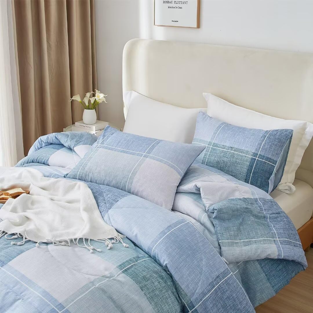MKXI Plaid Twin XL Comforter Set for Teens Farmhouse Comforter Twin Size Bed, Blue and White Comforter Grid Buffalo Reversible Geometric Bedding Set Lightweight Bed Set for All Seasons