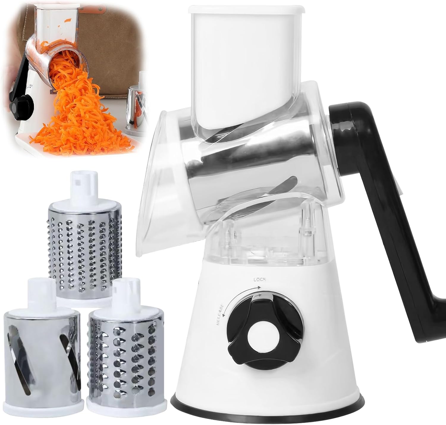 Hand Crank Cheese Grater & Vegetable Mandoline, 3 Drum Rotary Grater for Slicing, Grating Cheese, Nuts & Veggies, Versatile Kitchen Gadget for Easy Food Prep