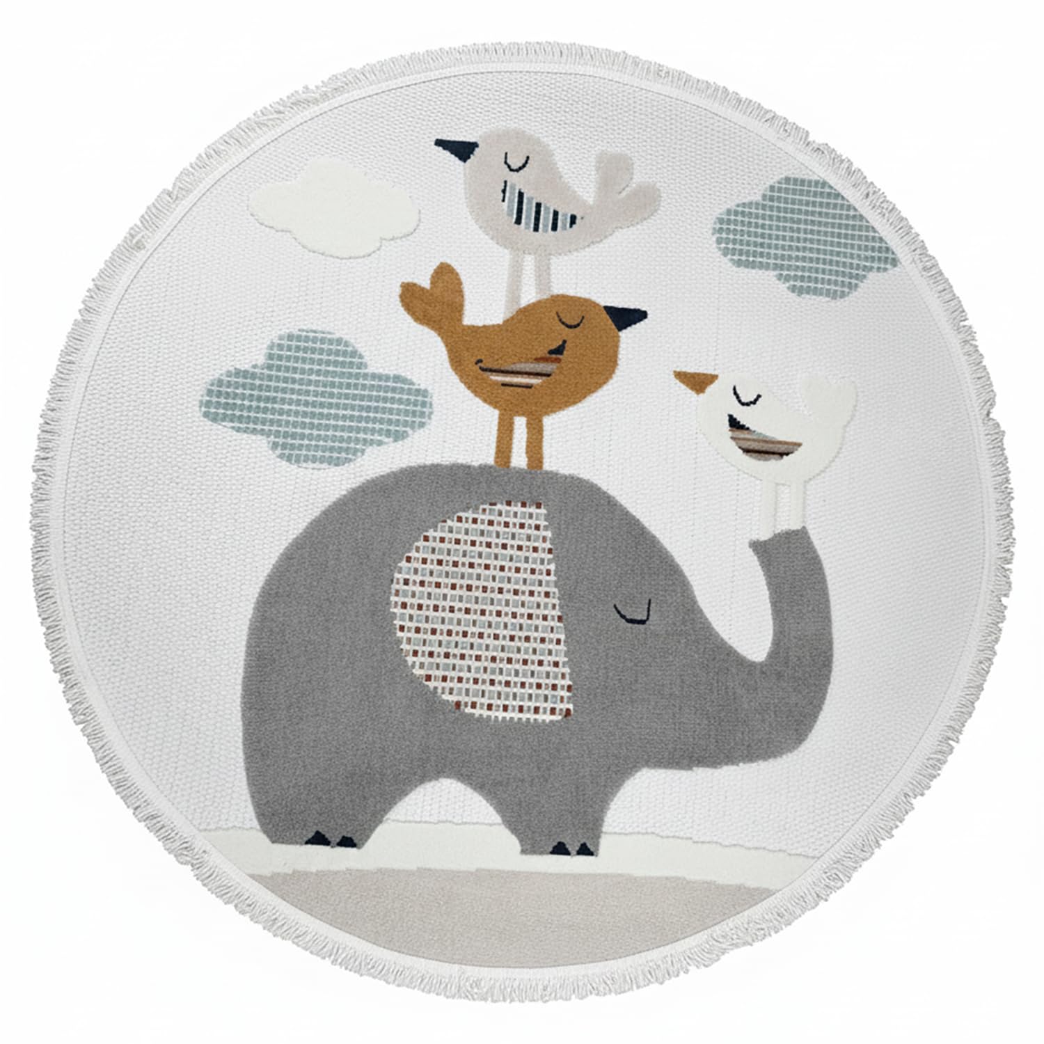 Alfombra Infantil Redonda Habitación Niña Niño Dormitorio Animales Elefante Nubes Estrellas Arcoiris 160cm Gris Marrón Ocre Azul