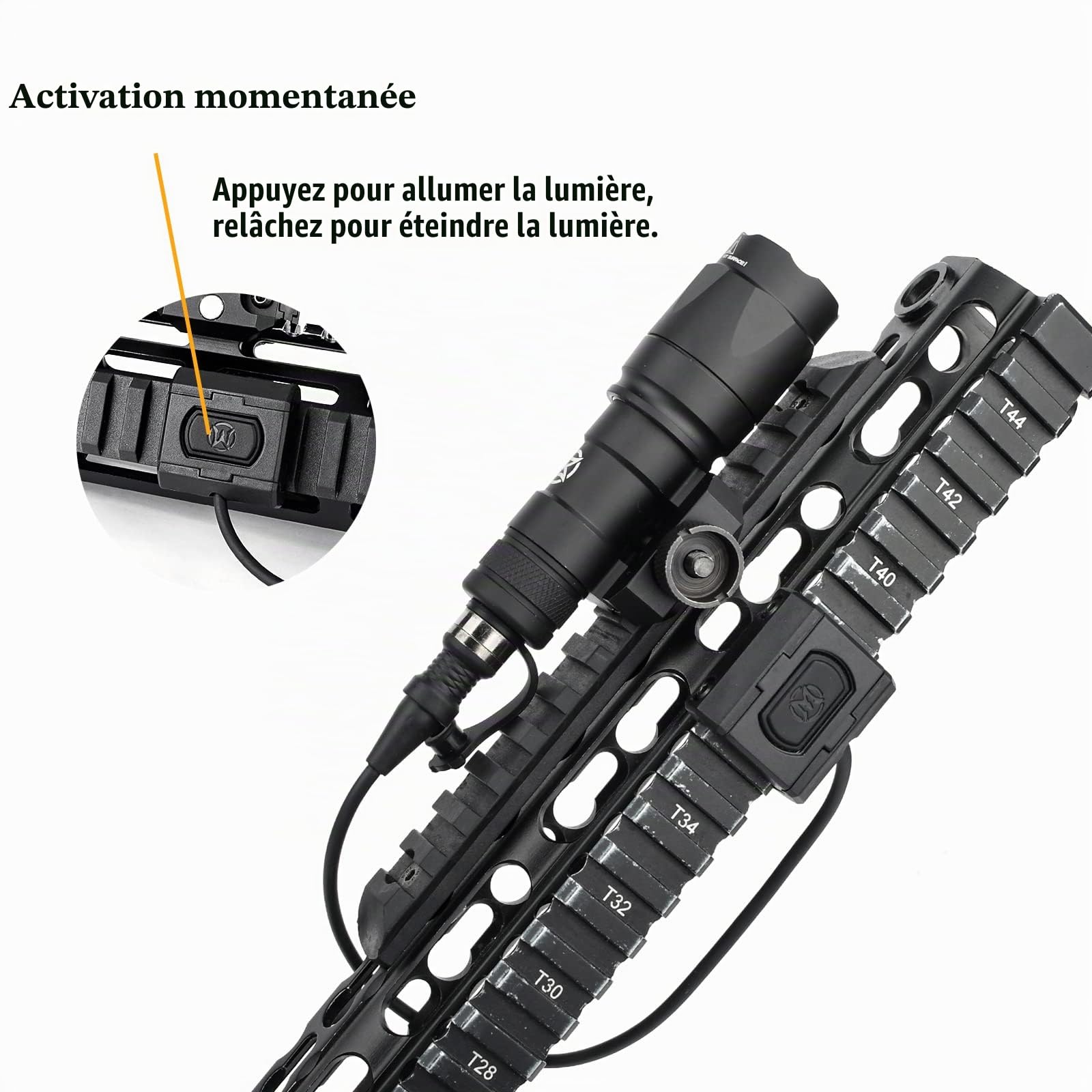 M300A Lampe de poche tactique avec interrupteur de coussin de pression, lampe de reconnaissance de 600 lumens pour le système ferroviaire Mlok Keymod 20 mm Picatinny (Noir)