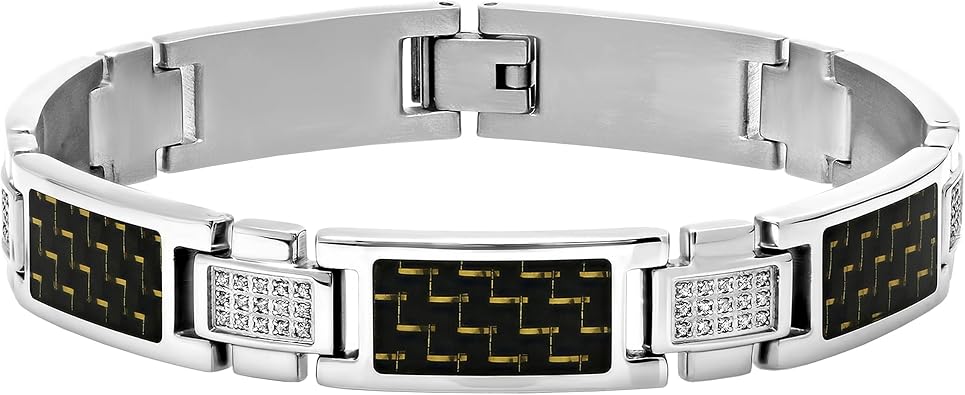 Mens Stainless Steel Two Sone Black and Silver Finish Black and Gold Carbon Fiber Mens Link Bracelet