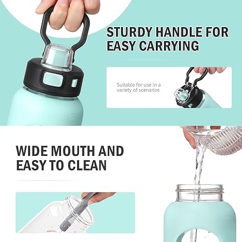 Miniatura 10 de Kodrine Botella de agua con popote y asa de transporte, botella de agua de vidrio de 24 onzas con tapa de bloqueo a prueba de fugas con boquilla de