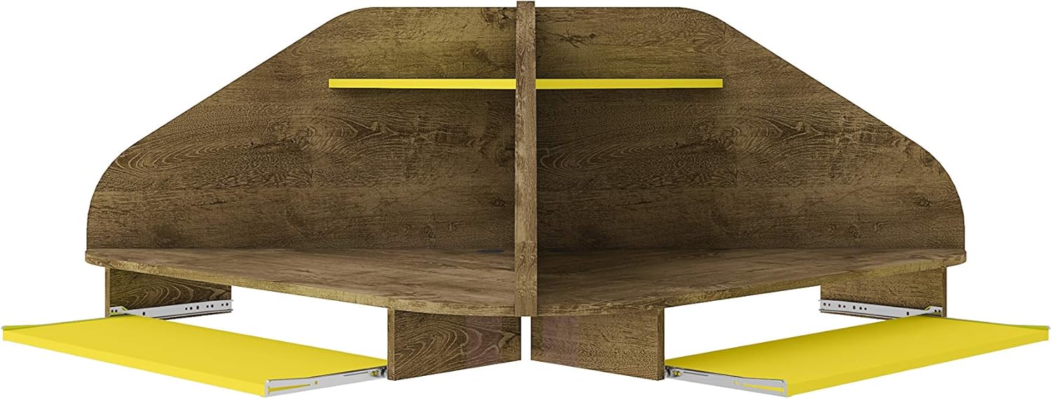 Manhattan Comfort Bradley Floating Desk with Shelves & Gliding Keyboard Drawers, 2-Piece Wall Mounted Table for Small Spaces, Home Office and Bedroom, Mid Century Modern Design, Rustic Brown/Yellow