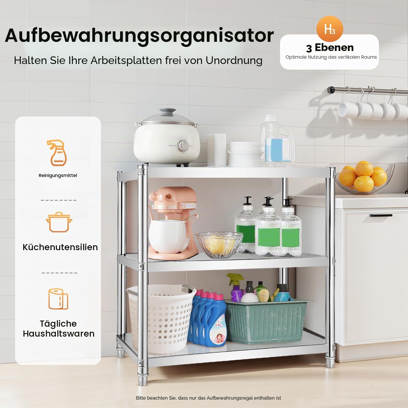 Edelstahl Küchentisch, 80 x 80 x 40 cm Küchenregal Edelstahlregal Arbeitstisch Küchentisch Zerlegetisch 3 Böden Edelstahltisch Gastronomie Regal, 50kg Belastung, Stabil Haushaltsregal platzsparend