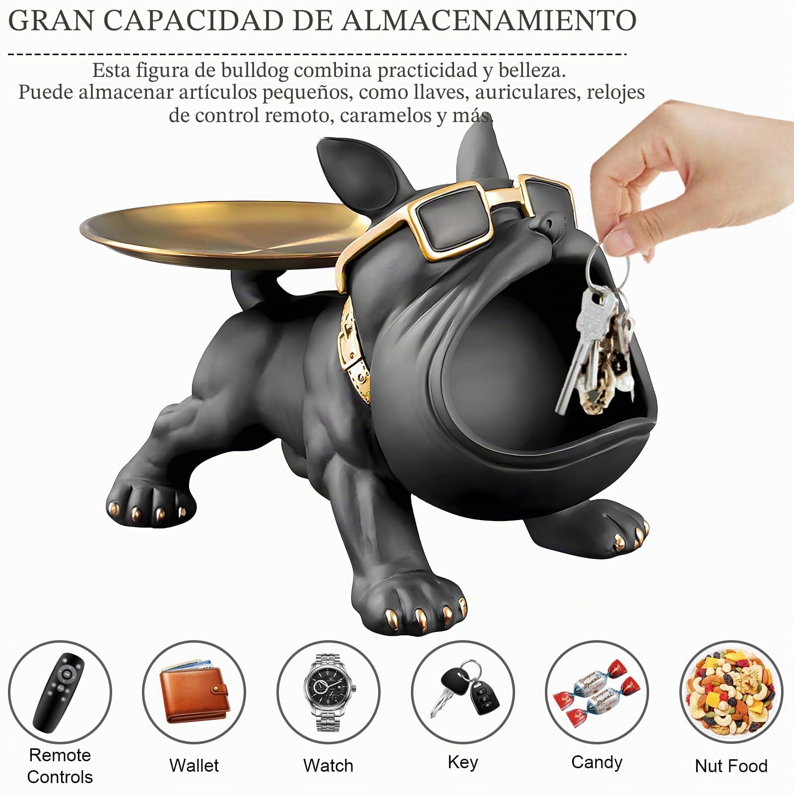 Huhote Estatua de bandeja de bulldog francés de resina, plato de caramelos de bulldog para llaves, escultura de almacenamiento para escritorio de oficina, decoración del hogar, figuras de decoración