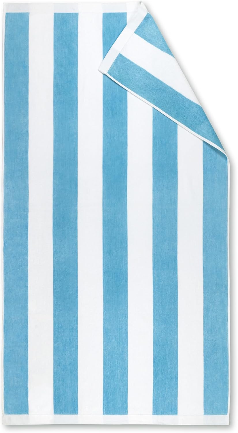 Beachland Luxury Large Beach Towel 34 x 64 inch - Extra Soft Cabana Stripe Hotel and Resort Style - Terry Velour Yarn Dyed 100% Cotton (Teal, 1 Towel)