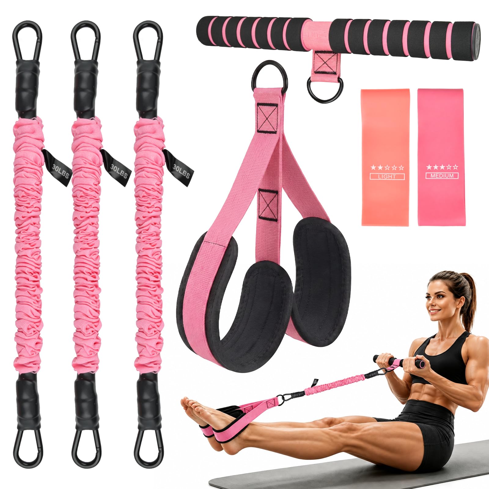 Odiuk Multifunction Pedal Resistance Band with Handle, 3 Tube Adjustable Resistance Bands for Abdomen, Waist, Arm, Core/ABS, Leg Workout - Sit Up Exercise Equipment for Women