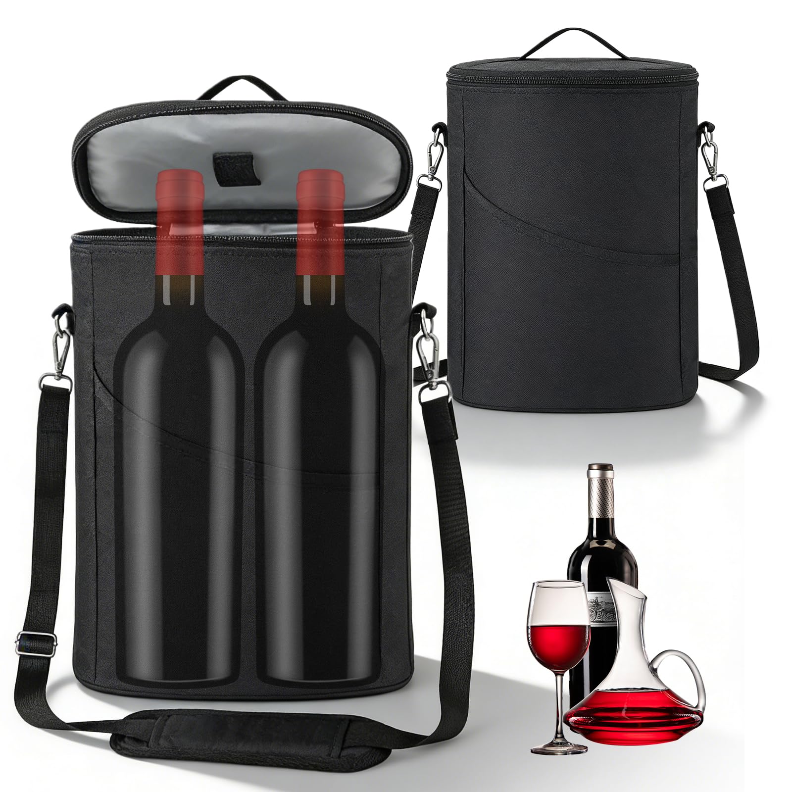 Borsa termica per 2 bottiglie, borsa termica termica per bottiglie d'acqua, borsa termica per 2 bottiglie, refrigerante per bottiglie in viaggio, per picnic party BYOB Packag (nero)