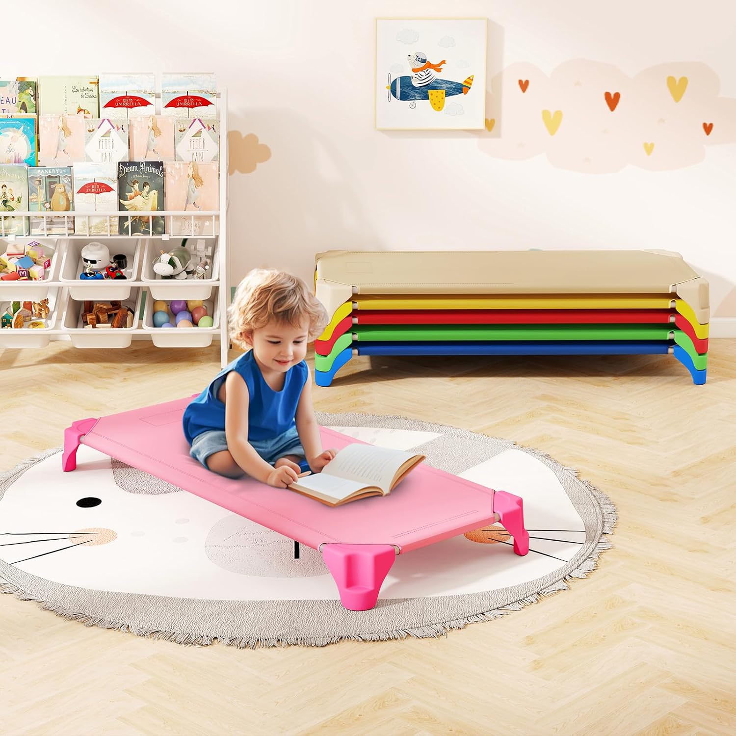 Giantex Stackable Daycare Cots for Sleeping, 53" L x 24" W Portable Nap Cots for Kids and Toddlers w/Easy Lift Corners, Space-Saving Toddler Bed for Preschool Classroom Pet Daycare, Pack of 6, Multi