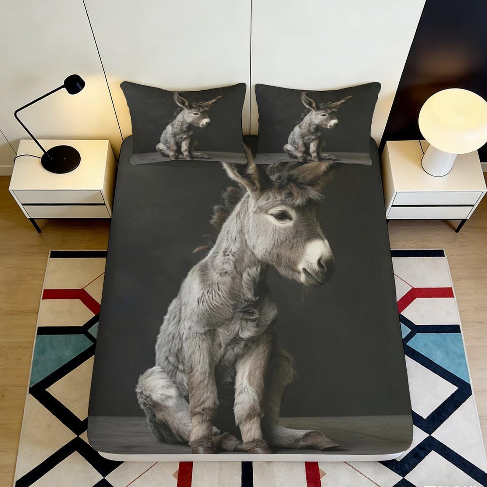 3D Printed Donkey Animal Fitted Sheet Microfiber Soft Breathable Donkey Bed Cover for Bedroom Dormitory Guest Room Mattress Protection Decor 160x200x25cm