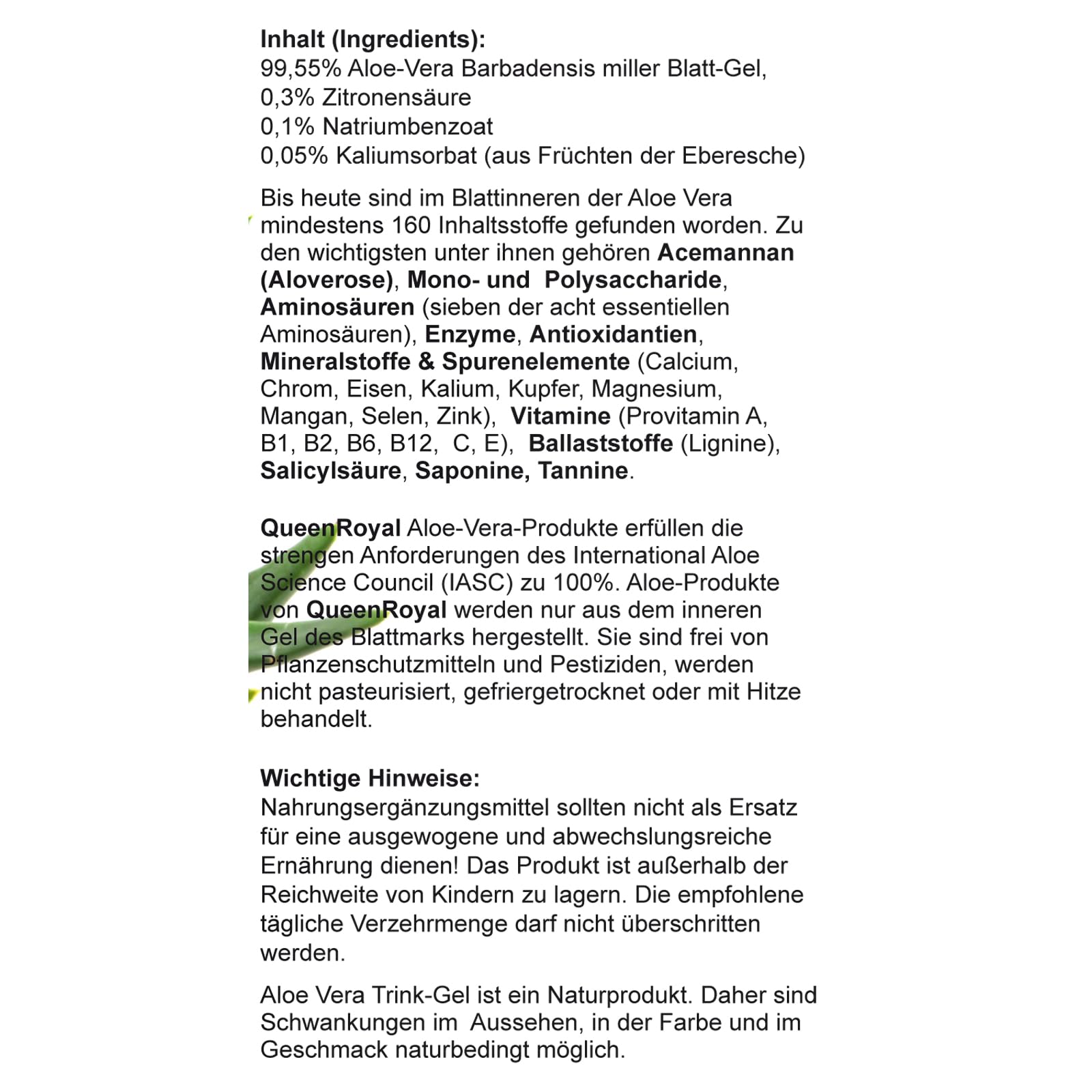 Aloe Vera IASC Barbadensis miller Trink Gel 2 Liter Sparpack von QueenRoyal  99.55% Blatt-Gel pur OHNE Geschmacksstoffe OHNE Verdickungsmittel. 30036 W  ...
