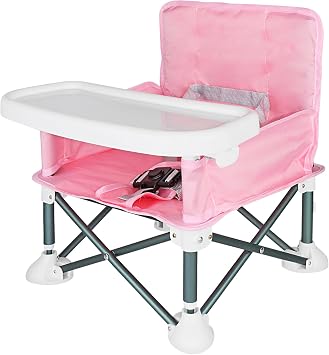 Baby Camping Chair with Tray, Portable High Chair with Travel Bag, Baby Booster Seat Dining Chair, Foldable Travel High Chair, Feeding Chair for Babies and Toddlers Pink