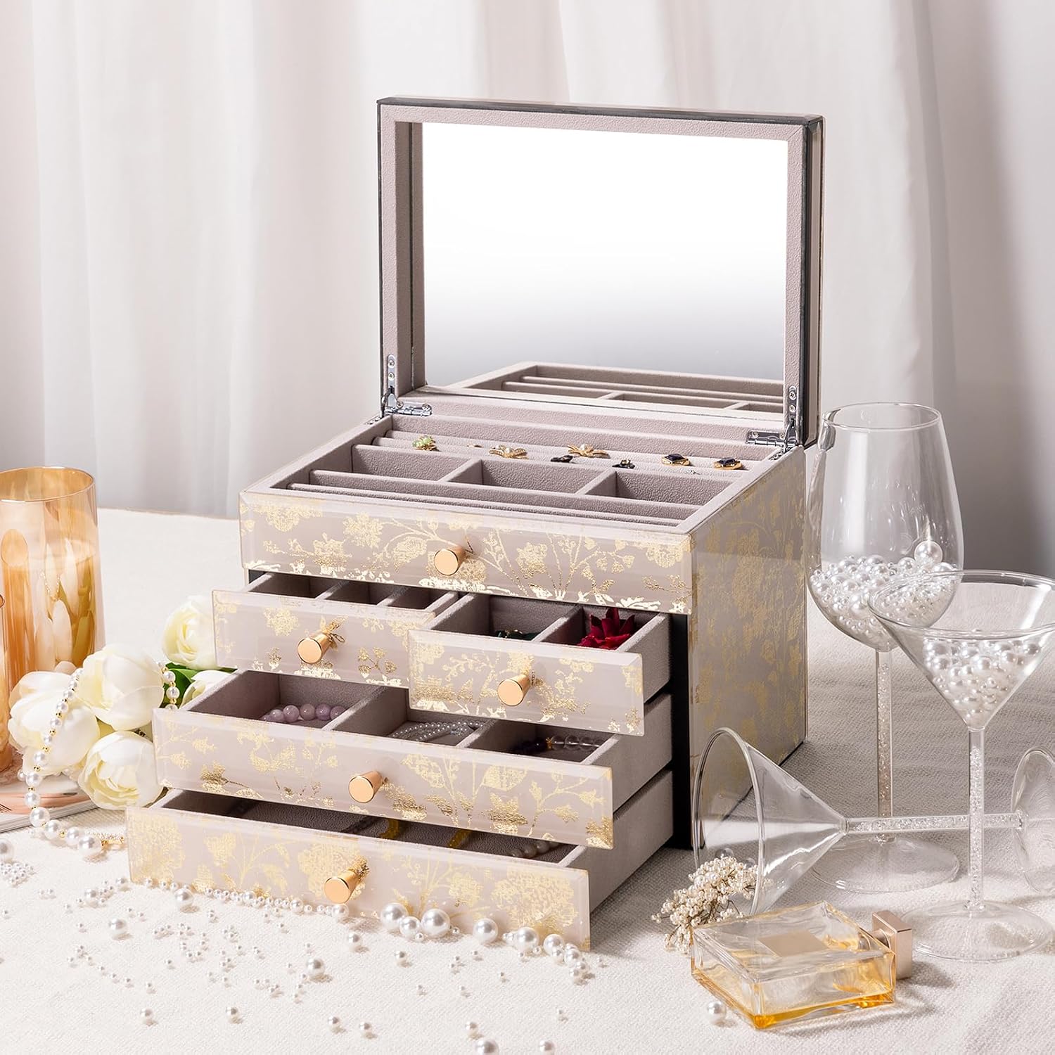 High End Glass Jewelry Box, 4 Layer Jewelry Organizer, Velvet-Lined Case For Ring, Necklace, Earring, Bracelet Storage, Ideal Gift (Gold Floral)