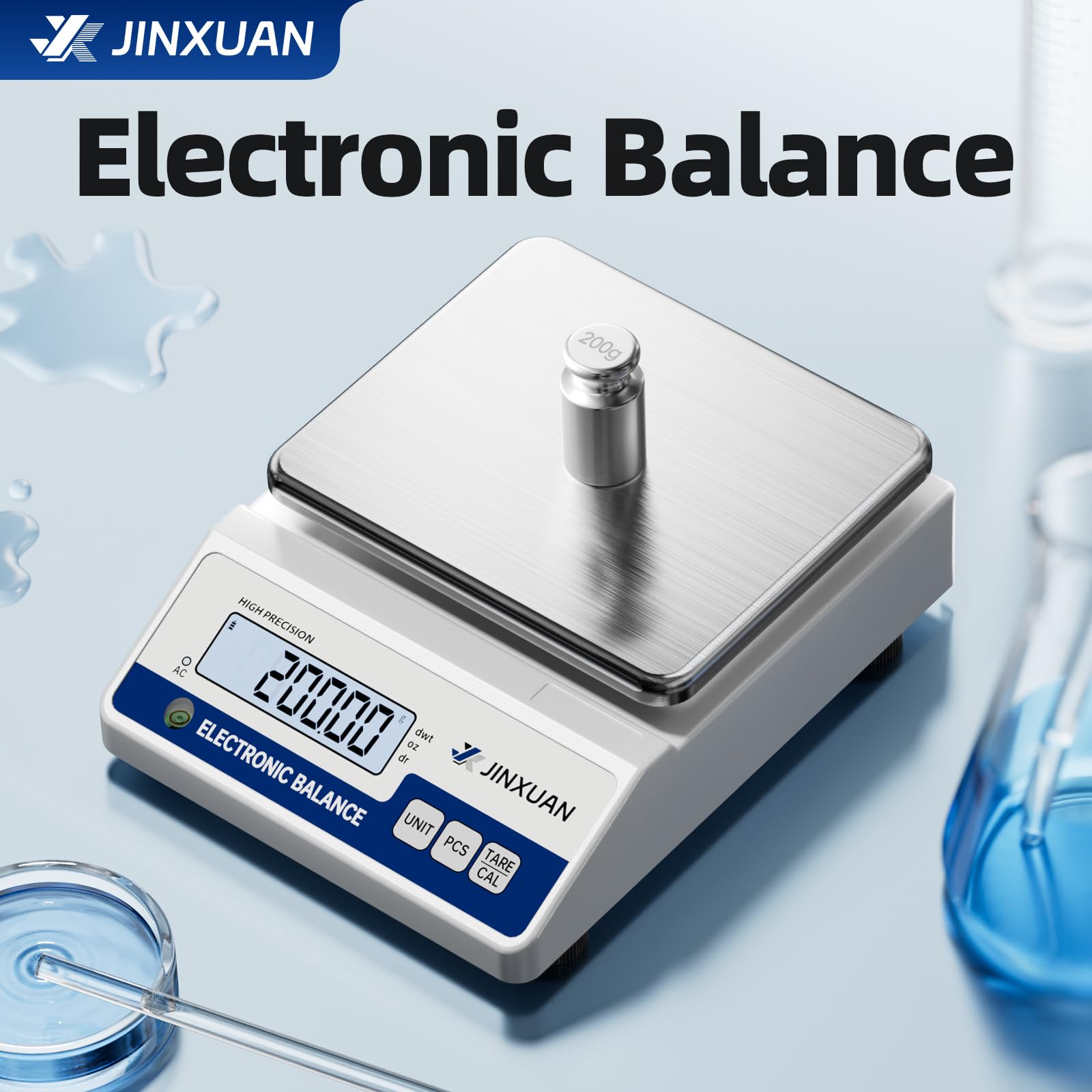 Báscula científica electrónica de alta precisión de 1000/0,01 g, balanza analítica con pantalla LCD de conversión de 7 unidades, pesos de calibración de 200 g y baterías recargables para