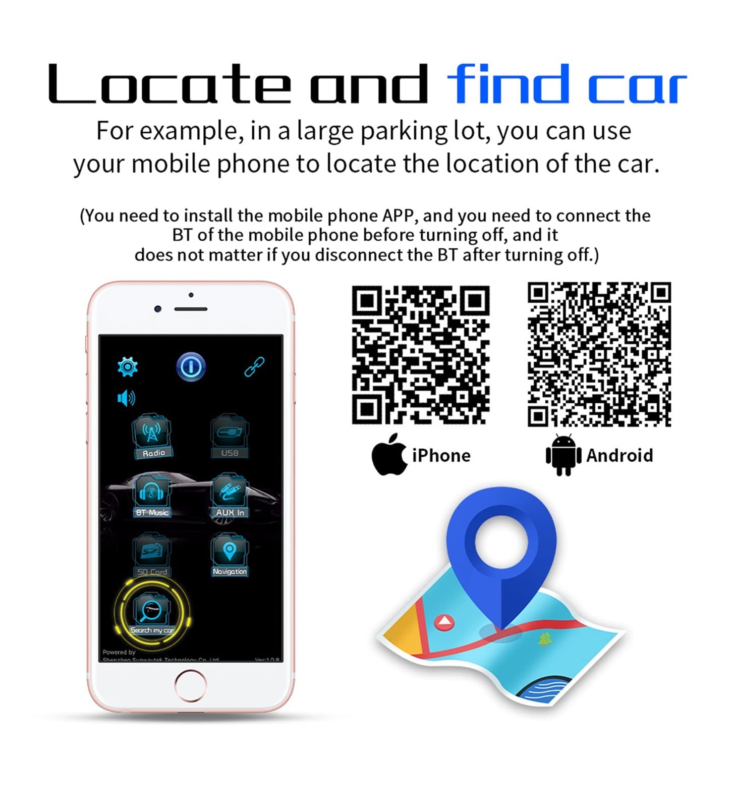 Stéréo Bluetooth 1din 1din 1Din Mp3 Joueur FM Émetteurs 60wx4 Aux Saisir ISO Contrôle Vocal de Support de Port avec localisateur de Voitures,Compatible avec La Plupart des Appareils