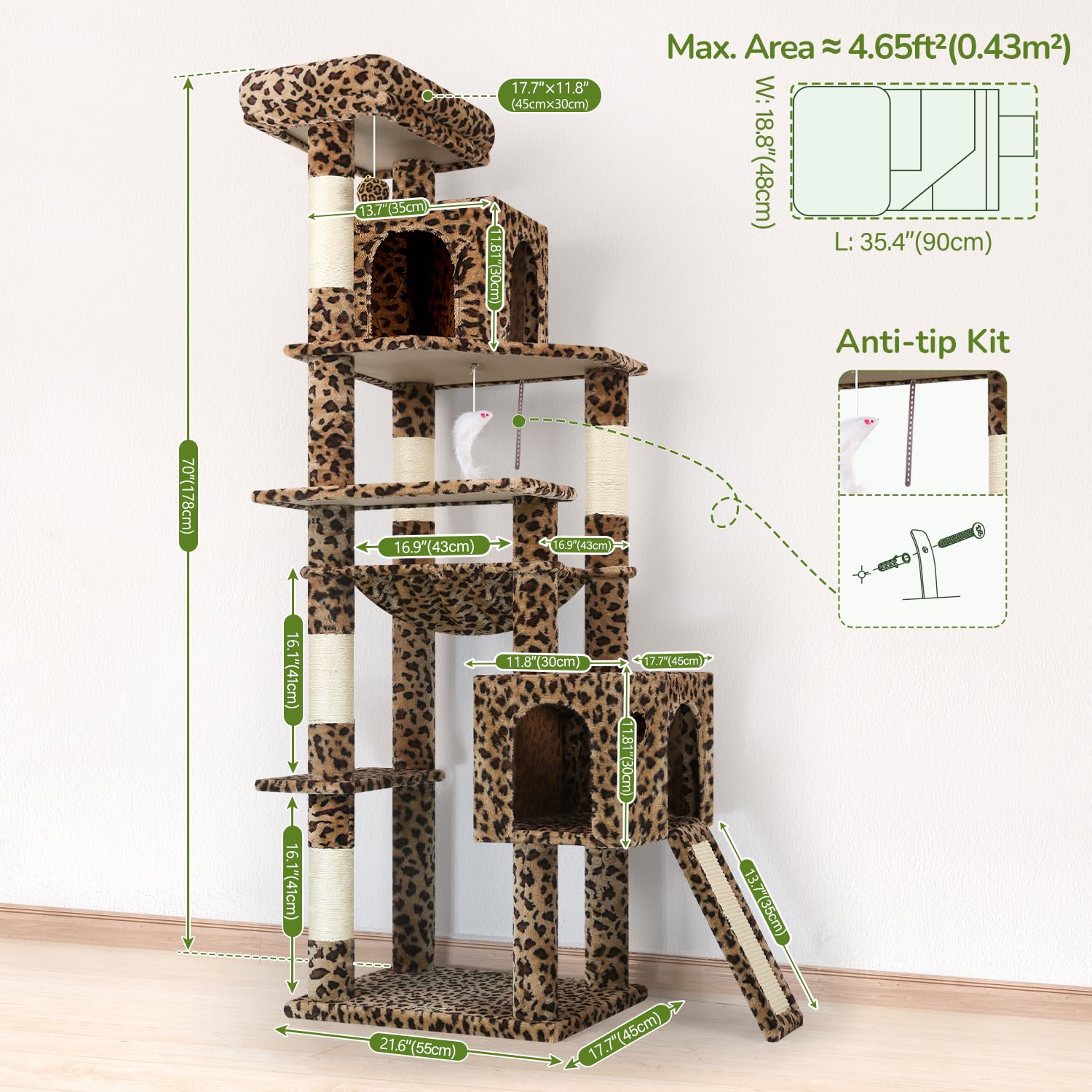 Globlazer Árbol Rascador Leopardo Esquina para Gatos Alto 178 cm con Hamaca, 2 Nidos, Plataformas, Tabla Rascar Sisal, Peluche Juguetes, Estable Torre para Grande Gatos Adulto (F70 Pro, Leopardo)
