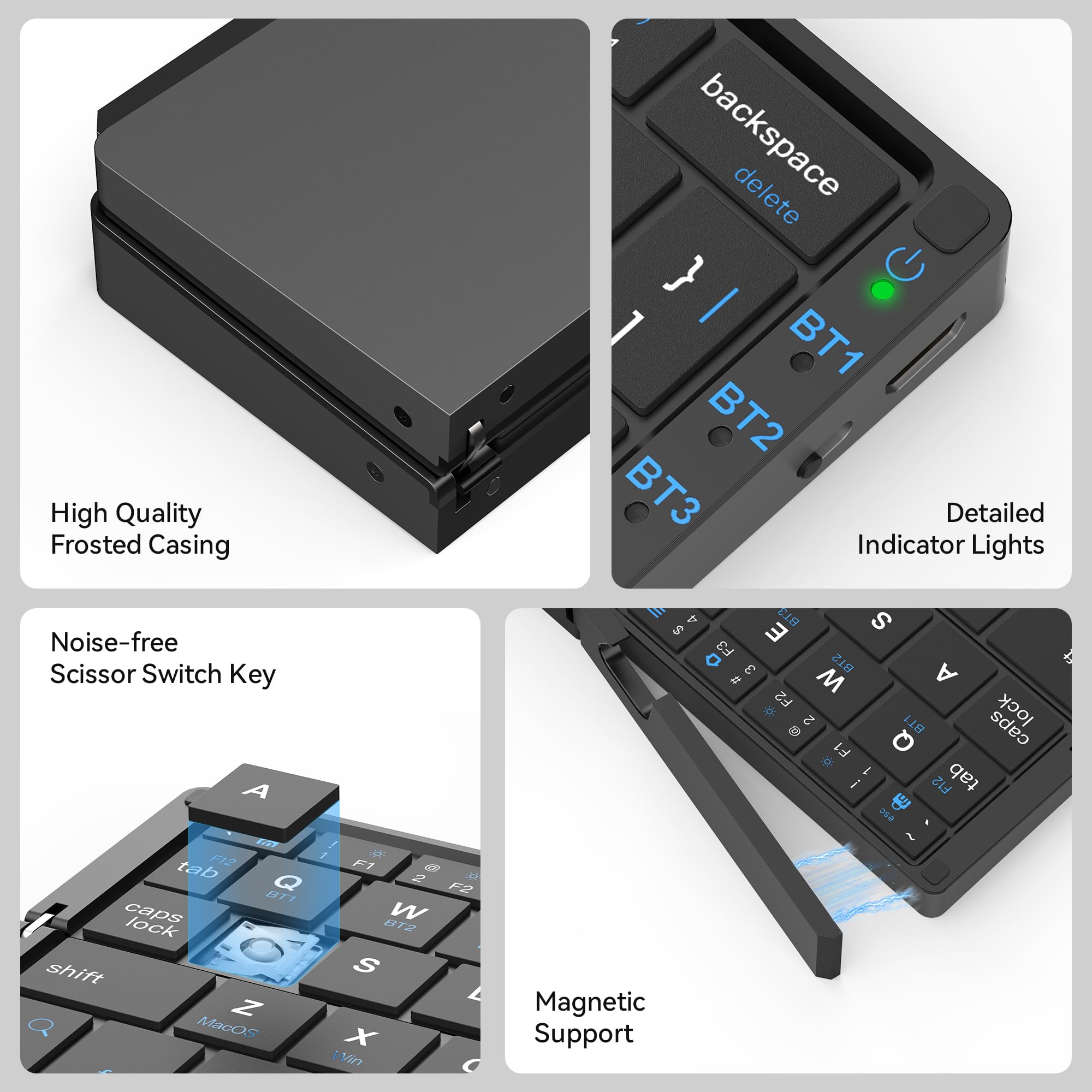 Tastiera Bluetooth Pieghevole QWERTY Silenziosa con Supporto Magnetico, Mini Tastiera Wireless Ricaricabile in Alluminio per iPad, Tablet, Smartphone, Laptop（Nero）