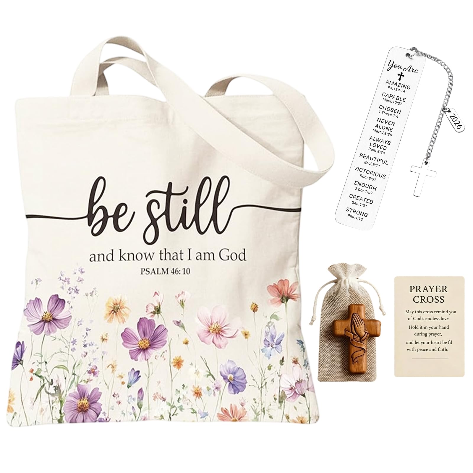 5pcs Christian Gifts for Women, Christian Gifts with Canvas Bags, Crosses, Bookmarks, Cards and Storage Bags, Thoughtful Gift for Church Services and Daily Use