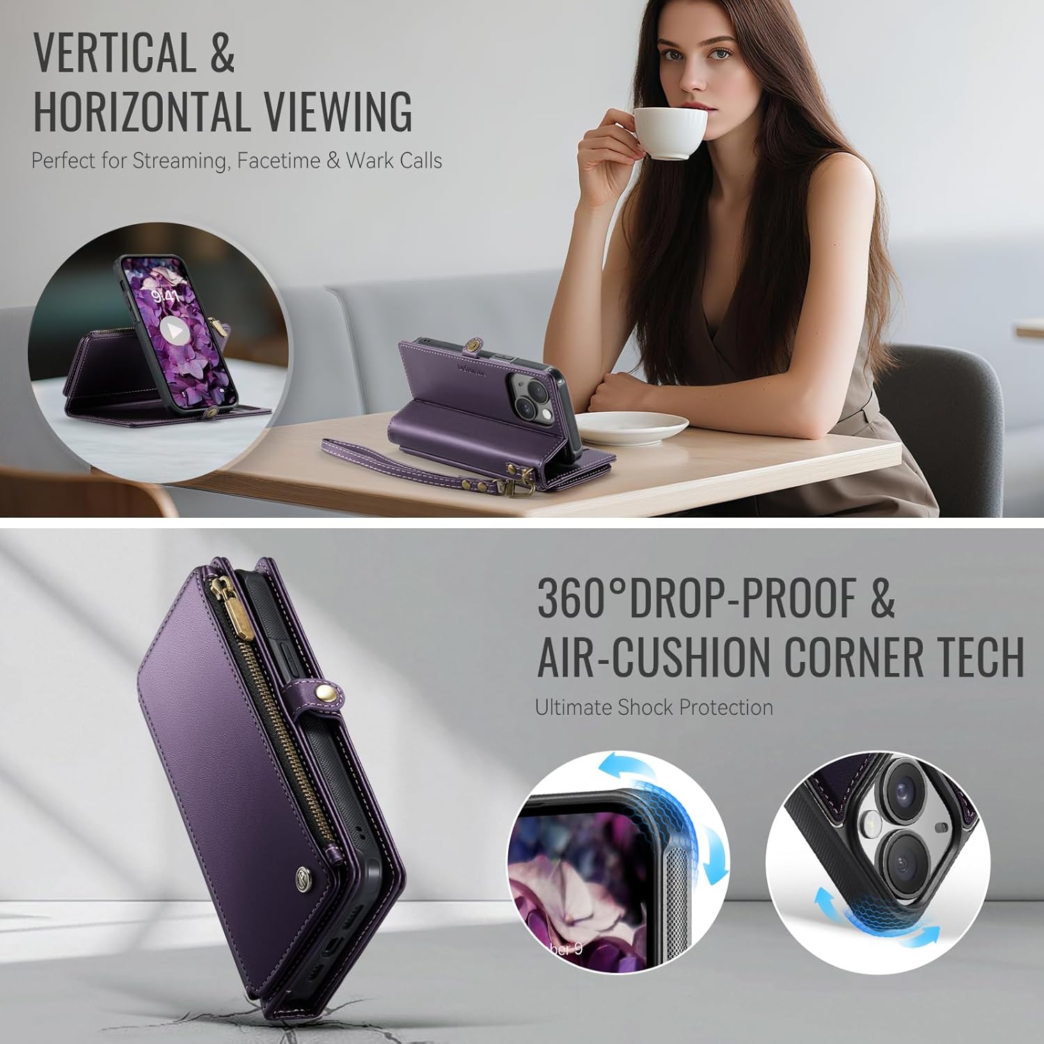 Defencase for iPhone 13 Magnetic Wallet Case Compatible with Magsafe with RFID Blocking Zipper & Card Holder for Women Men, PU Leather Strap Detachable Phone Case for iPhone 13 (6.1 inches), Purple