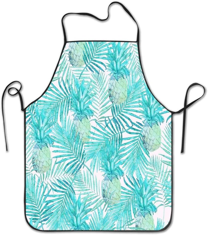 THESHUAI Kitchen Baking Personality Apron Restaurant Chef Garden Handmade Apron Turquoise Palm Leaves and Pineapples on Pink