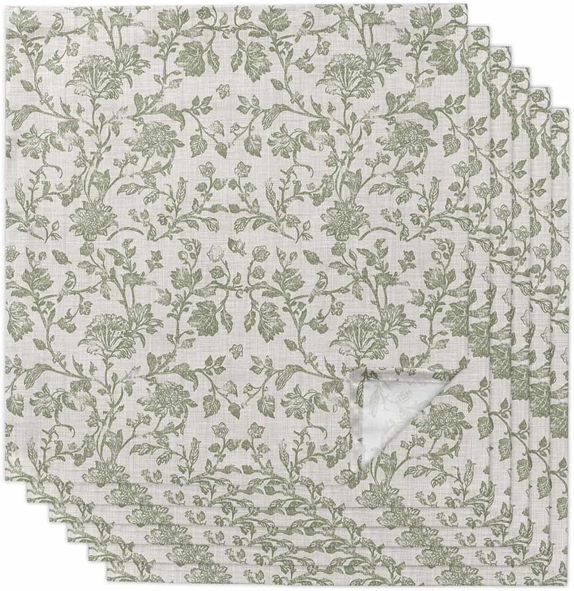 Farmhouse Sage Green Cloth Linen Dinner Napkins 6 Packs,Vintage Flower Leaf Botanical Reusable Table Cocktail Napkins for Wedding,Shower,Party,Lunch,Hotel,Restaurant,Event Dining Table Decoration