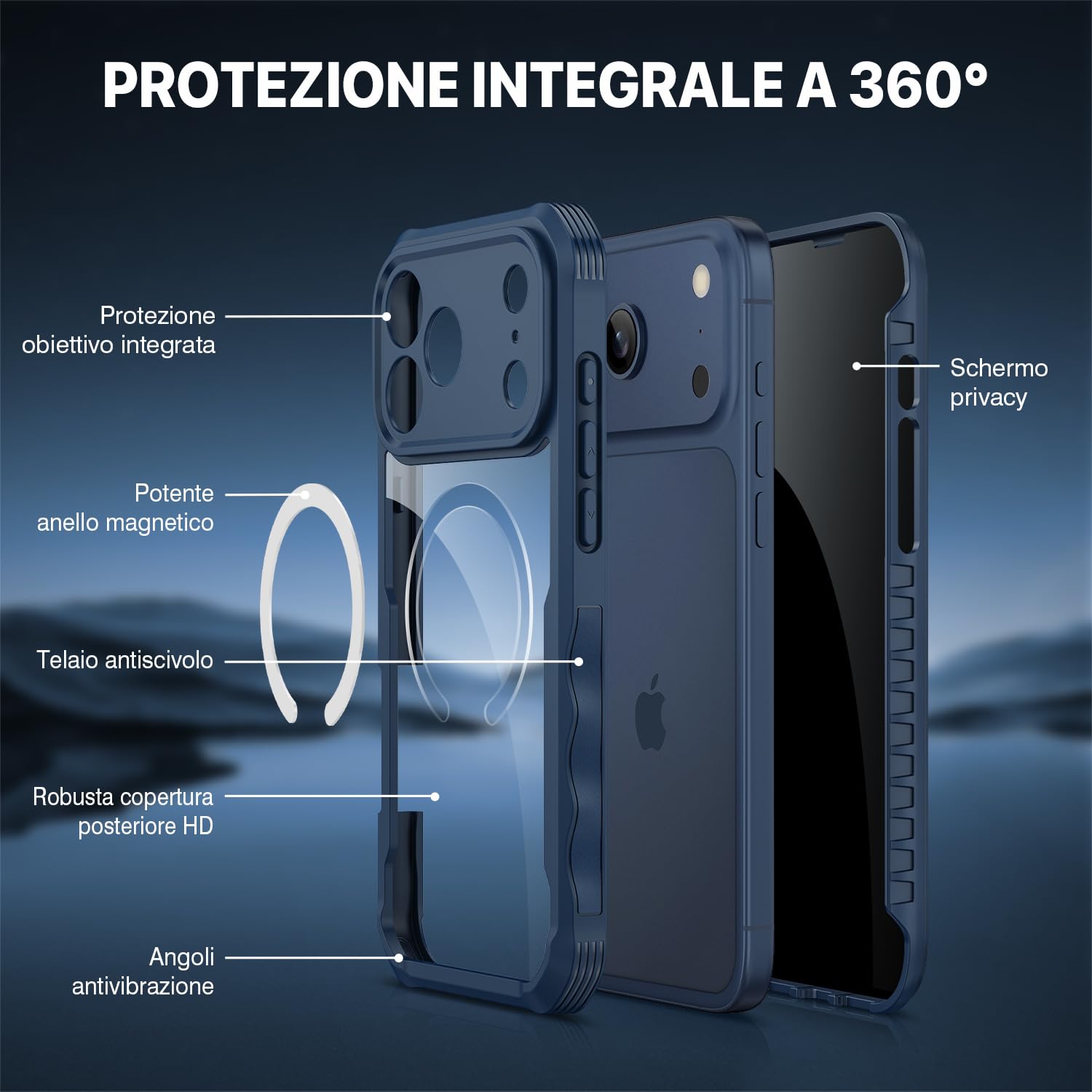 CENHUFO Magnetica Privacy Cover iPhone 17 Pro Max [Compatibile con Magsafe] Integrata Vetro Temperato Anti Spia Schermo e Protezione Fotocamera, Custodia Antiurto 360 Gradi Doppia Faccia Case -Blu
