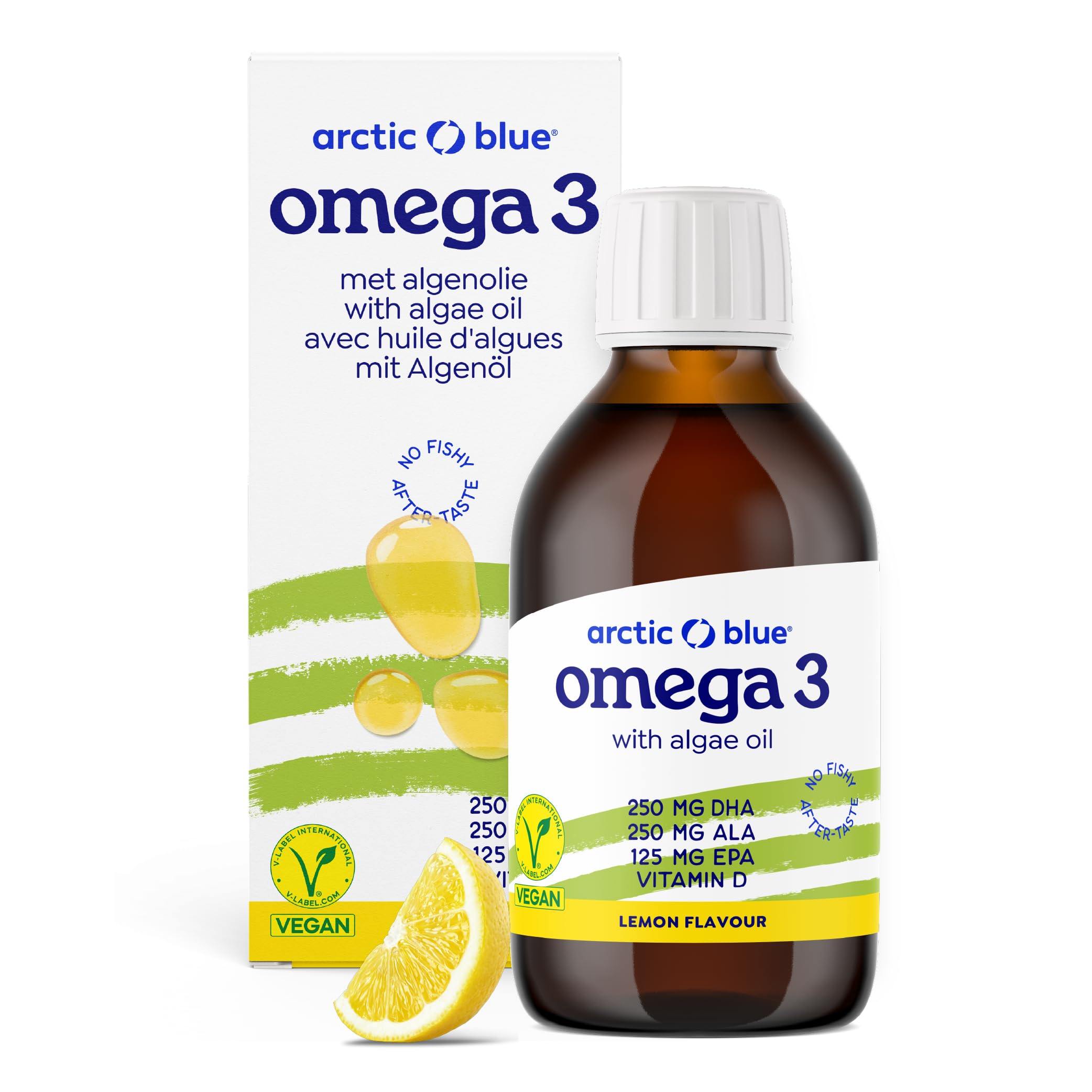 Arctic Blue Aceite vegano Omega 3 Premium – 150 ml – 250 mg DHA & 125 mg EPA & 250 mg ALA por porción – Contiene aceite de algas y aceite de cáñamo, con vitamina D, alta dosis, vegano y líquido