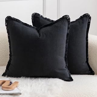 Mandioo 2er Set neutralen Baumwolle Quasten Kissenbezug 55x55cm Dekorative Kissenbezüge Dekokissen Boho Sofakissen Kissenhülle für Couch Sofa Schlafzimmer Wohnzimmer Heimdekoration Schwarz